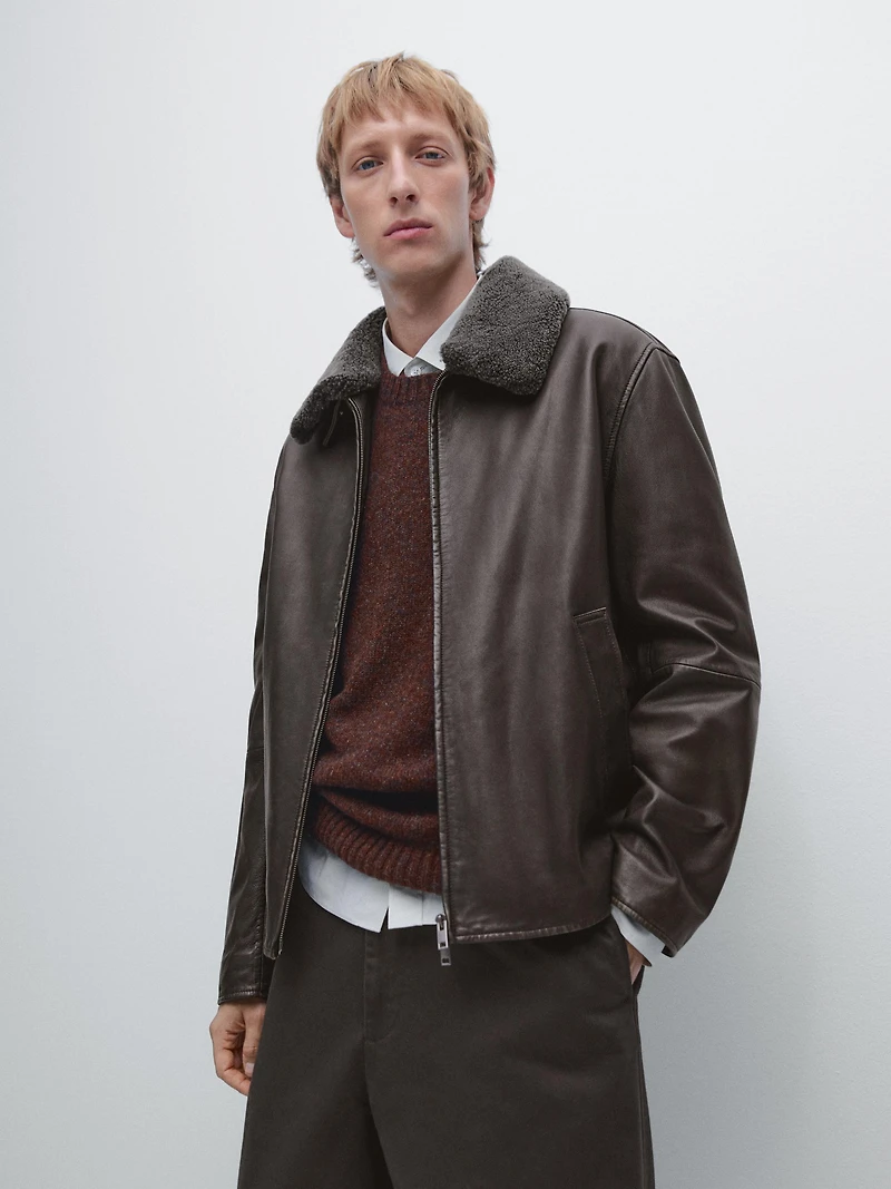 Nappa leather jacket with lambskin collar