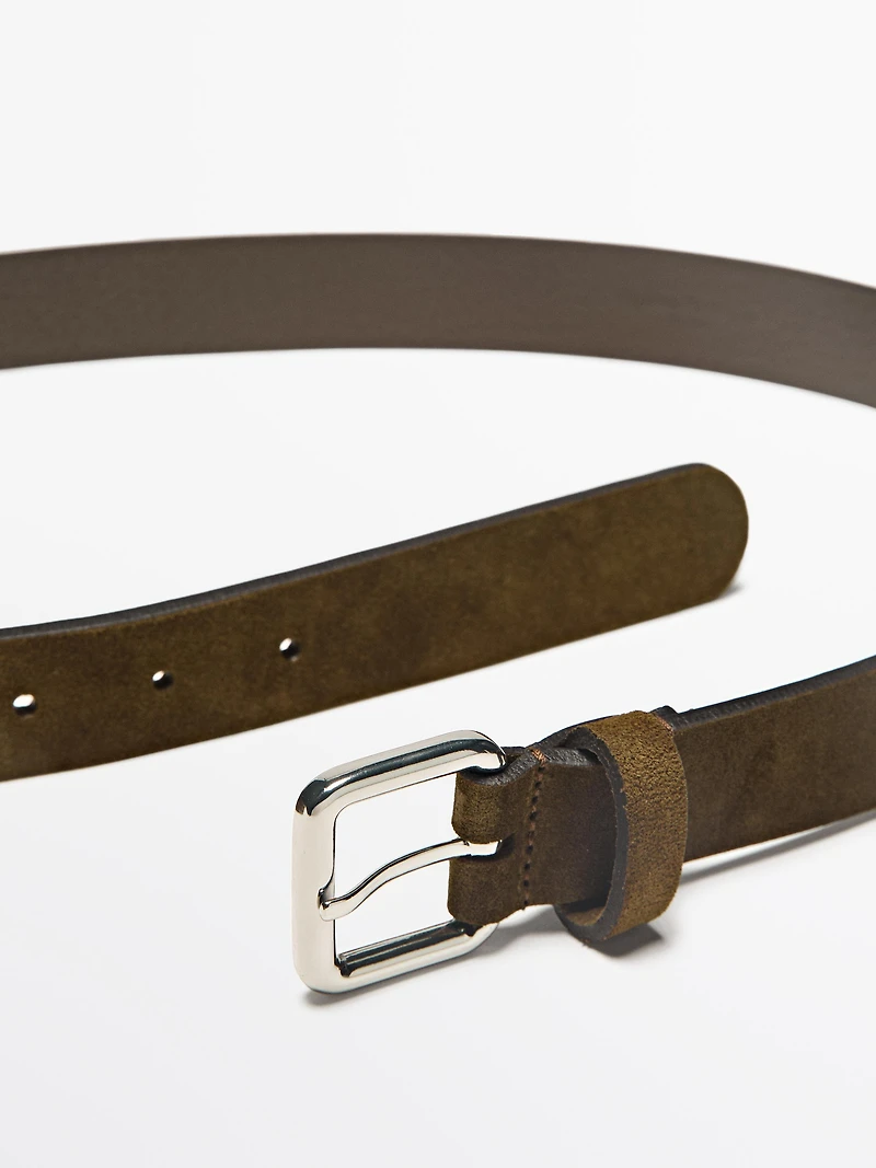 Split leather belt with square buckle