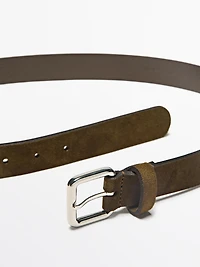 Split leather belt with square buckle