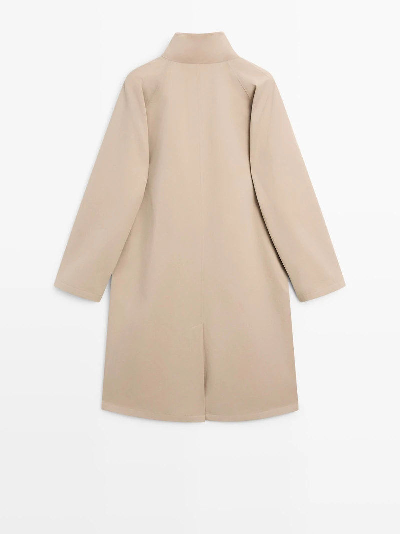 Long 100% cotton trench coat with side fastening