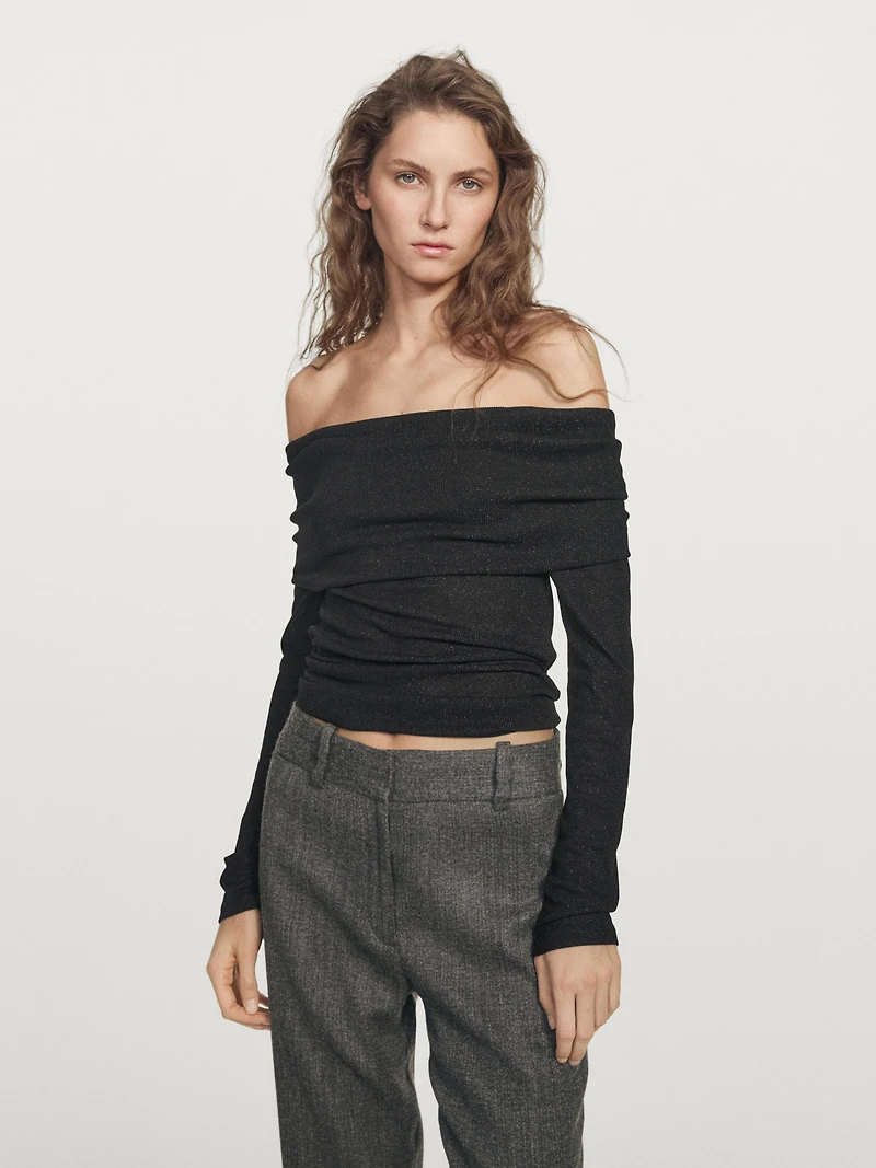 Long-sleeved ribbed T-shirt with metallic finish