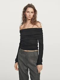 Long-sleeved ribbed T-shirt with metallic finish