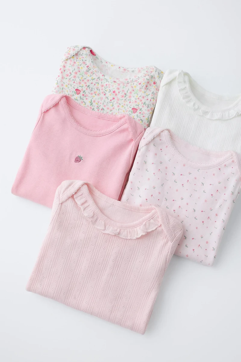 FIVE-PACK SHORT SLEEVE FLORAL & STRAWBERRY BODYSUITS