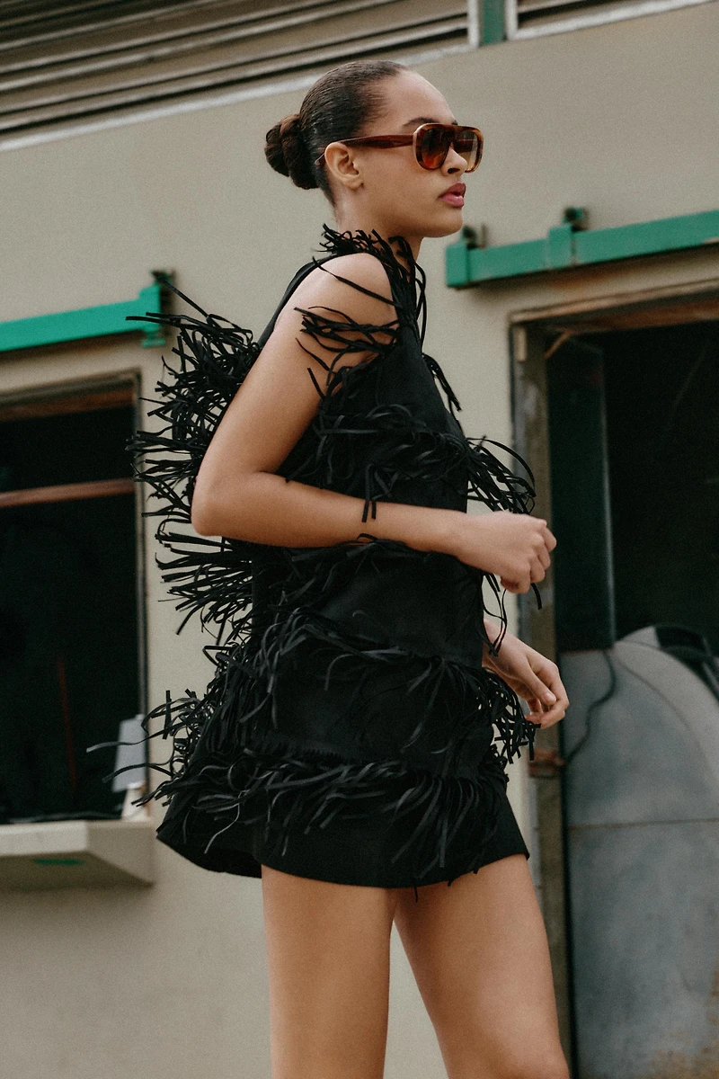 STUDDED FRINGED FAUX SUEDE DRESS