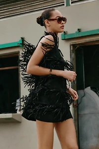 STUDDED FRINGED FAUX SUEDE DRESS