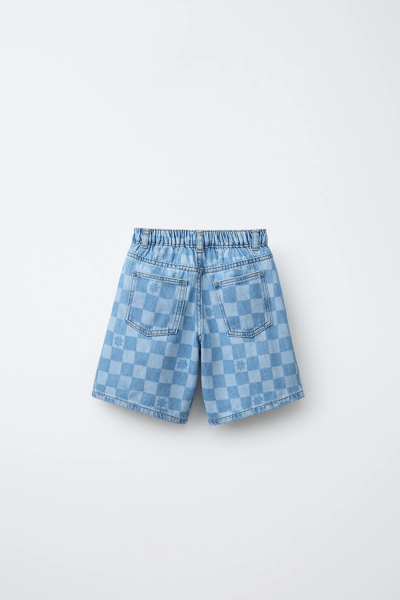 CHECKERBOARD DENIM SHORTS