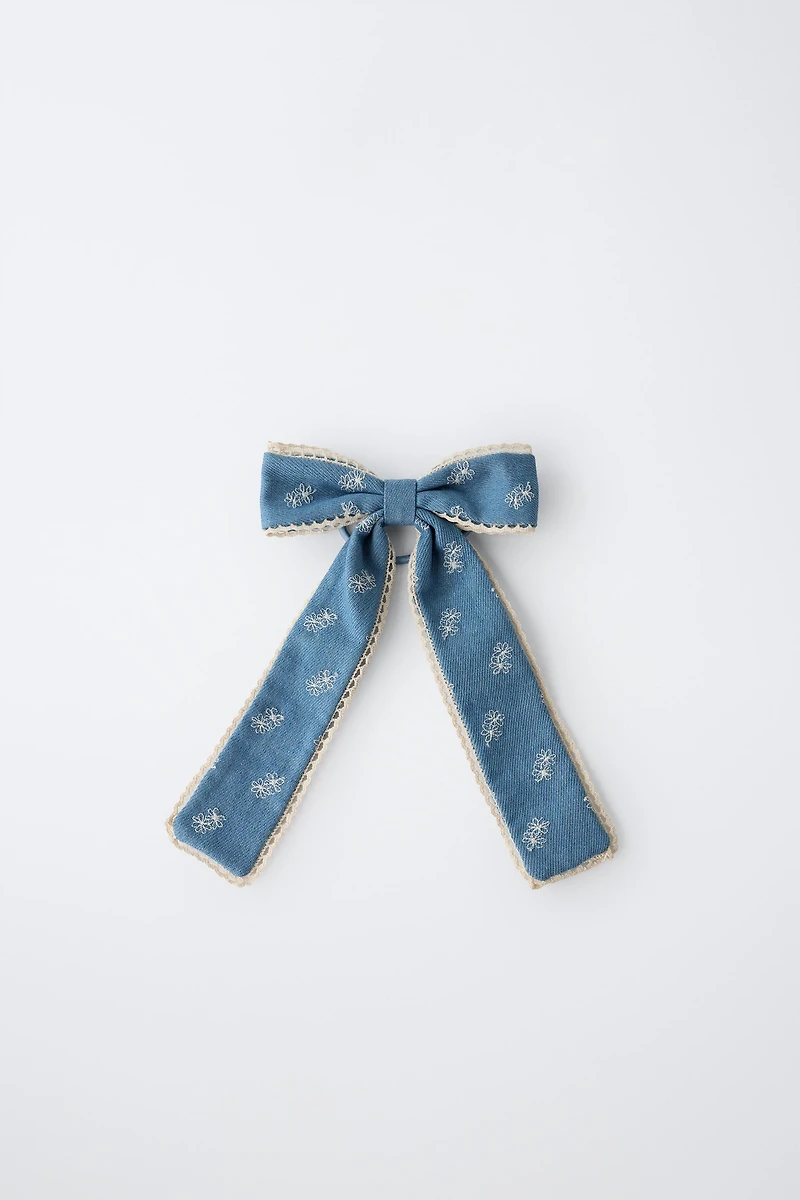 EMBROIDERED DENIM BOW HAIR CLAW