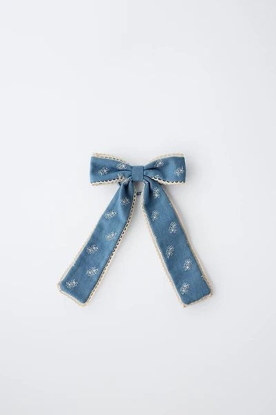EMBROIDERED DENIM BOW HAIR CLAW