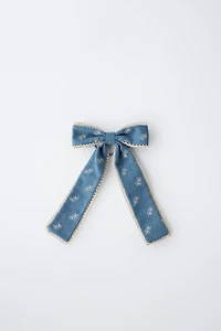 EMBROIDERED DENIM BOW HAIR CLAW