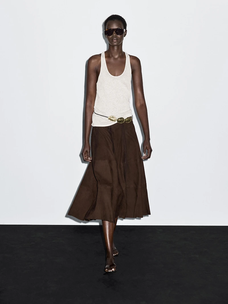 Suede leather flared midi skirt