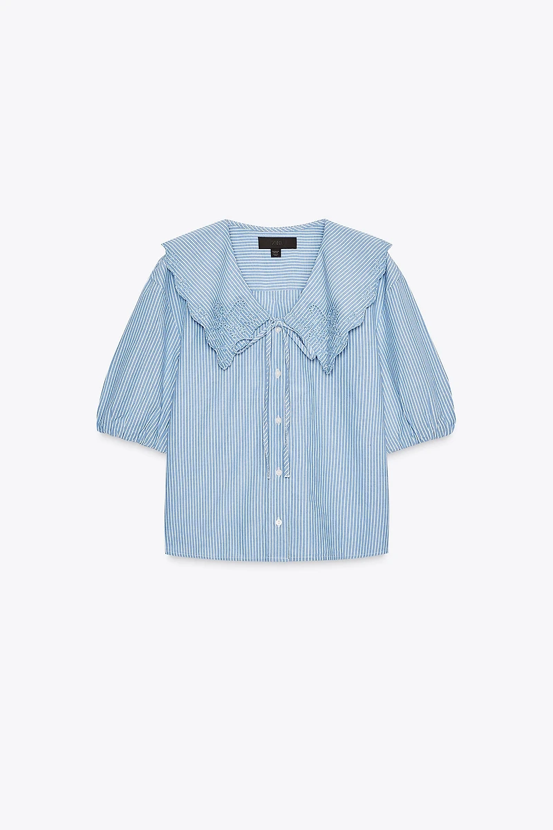 EMBROIDERED STRIPED PETER PAN COLLAR SHIRT