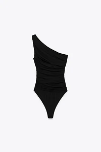 ASYMMETRIC DRAPED TULLE BODYSUIT