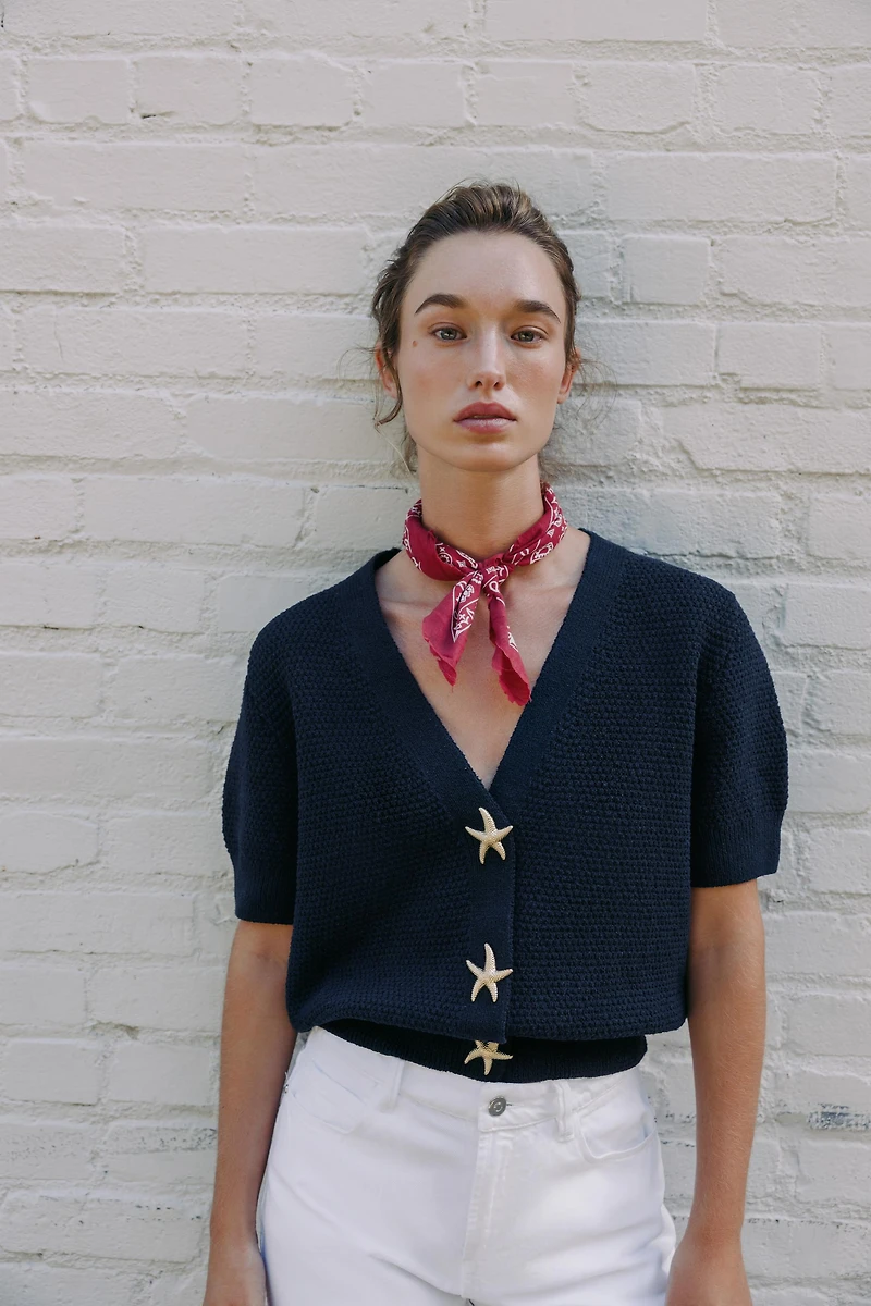 STAR BUTTON TEXTURED KNIT CARDIGAN