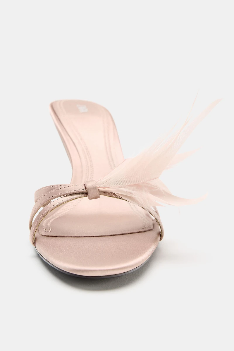 FEATHER DETAIL HEELED SANDALS