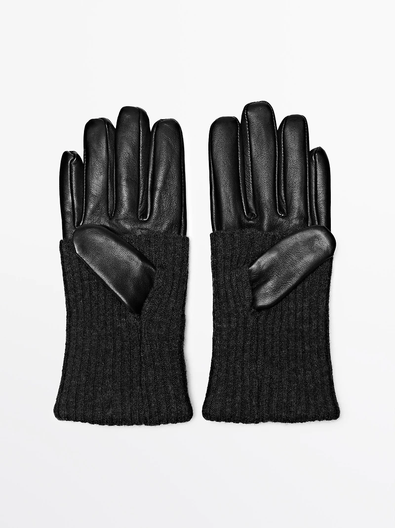 Gants bi-matière en cuir nappa et maille