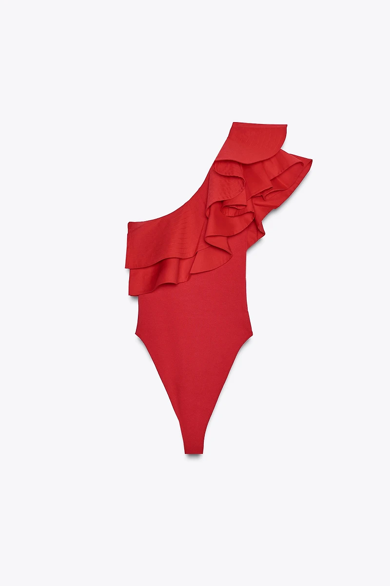 ASYMMETRIC BODYSUIT WITH CONTRASTING RUFFLE