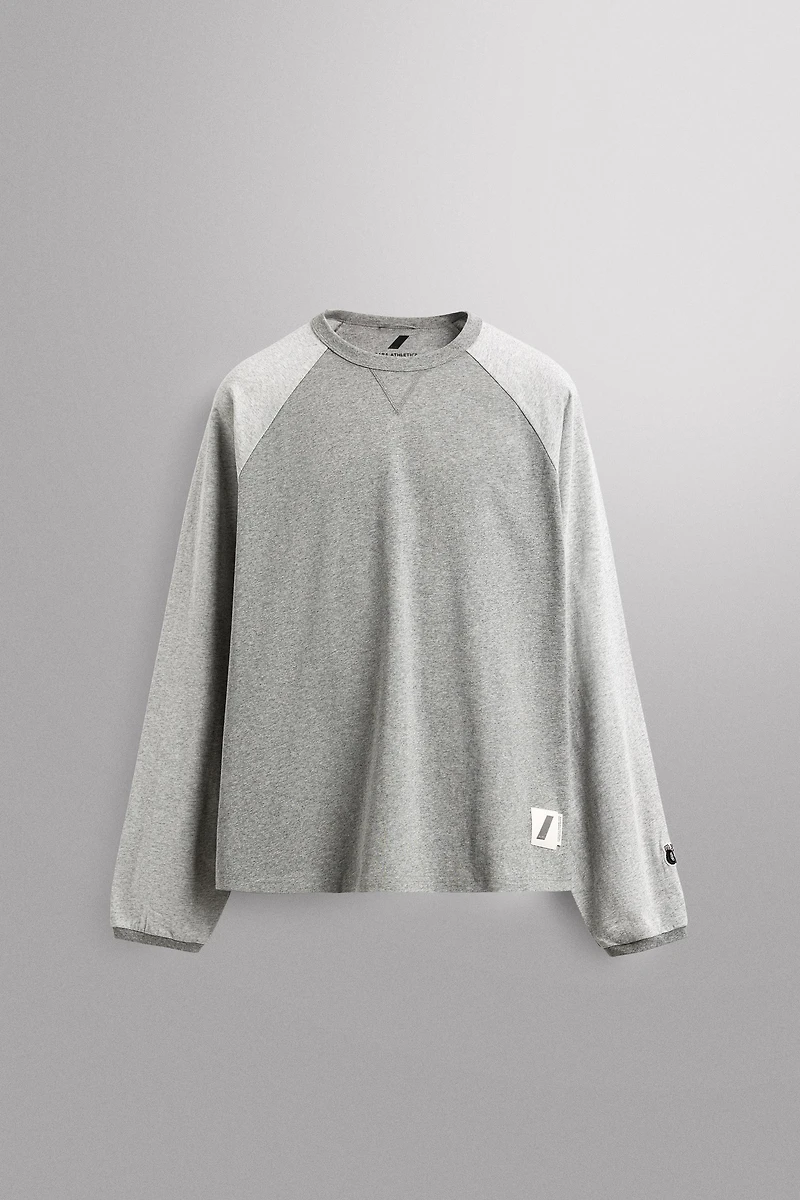 EMBROIDERED LONG SLEEVE COLOR BLOCK T-SHIRT