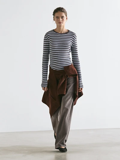 Cotton blend striped long sleeve T-shirt