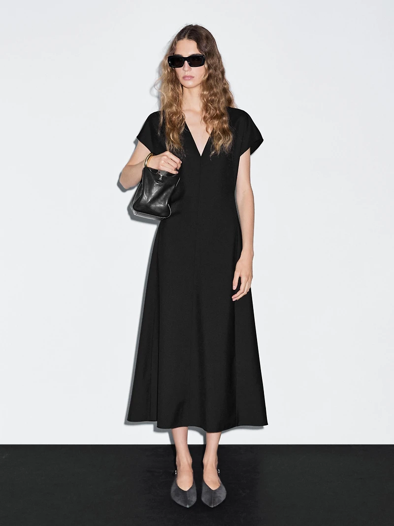Long wool blend V-neck dress