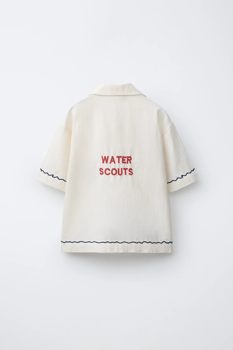 EMBROIDERED LINEN BLEND BOWLING SHIRT