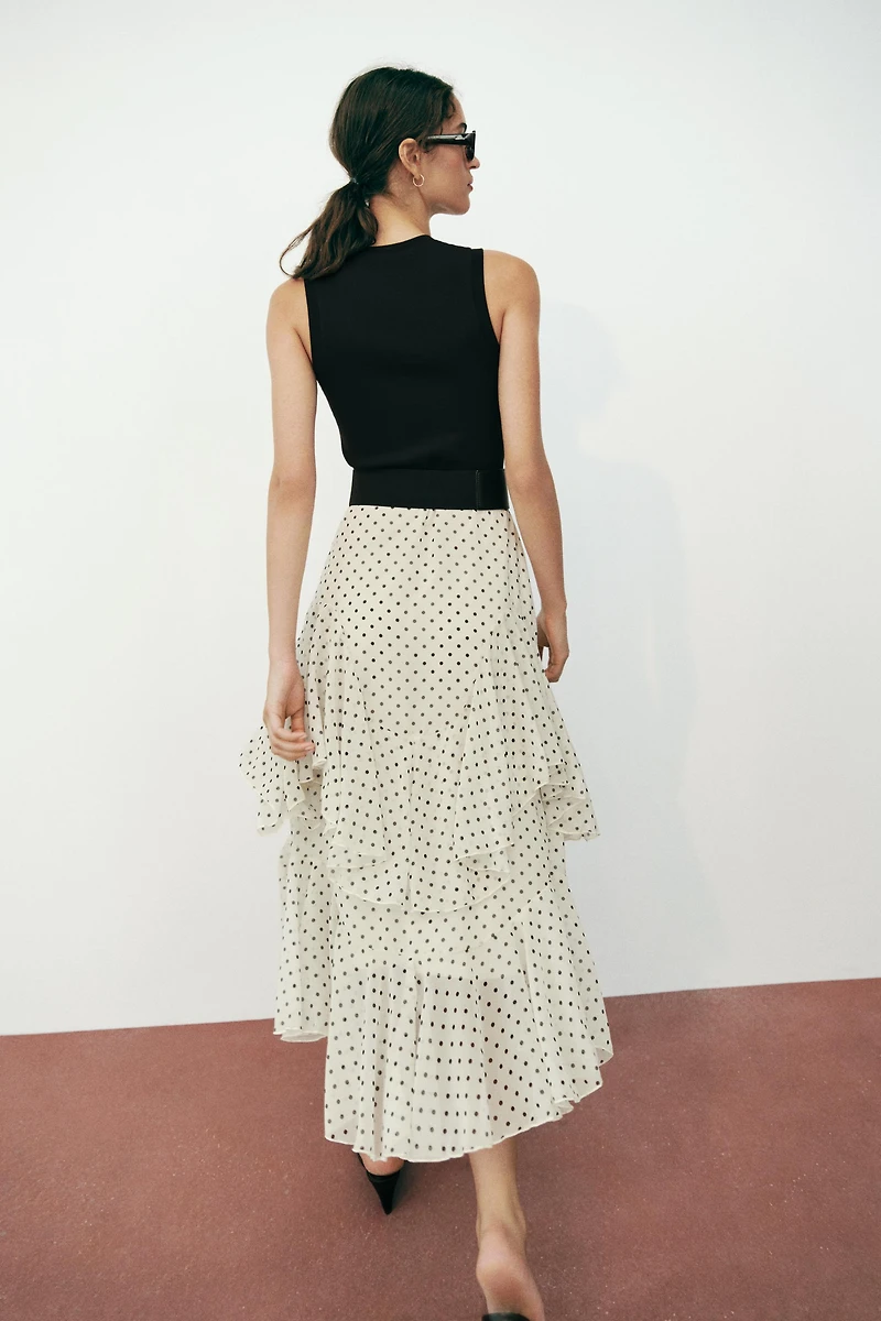 COMBINATION POLKA DOT RUFFLED BELTED DRESS