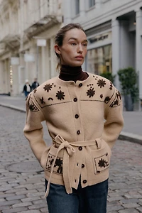 WOOL BLEND JACKET WITH EMBROIDERED FLOWERS AND BELT