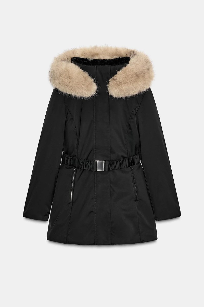 ANORAK MATELASSÉ À CAPUCHE EFFET FOURRURE DÉPERLANT ET COUPE-VENT