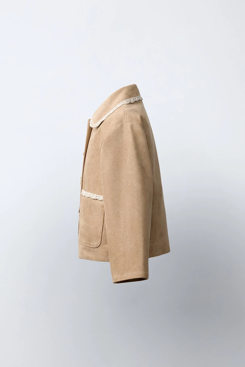 FAUX SUEDE AND LACE TRIM JACKET