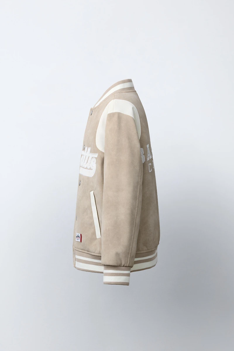 BLOUSON BOMBER EFFET DAIM AVEC INSCRIPTION