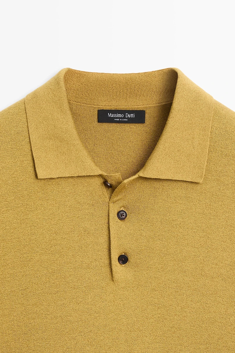 Short sleeve cotton and linen knit polo shirt
