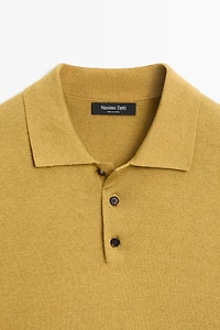 Short sleeve cotton and linen knit polo shirt