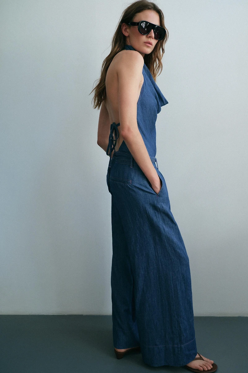 OPEN BACK BELTED HALTER JUMPSUIT