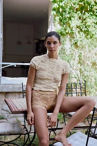 EMBROIDERED RUCHED KNIT TOP
