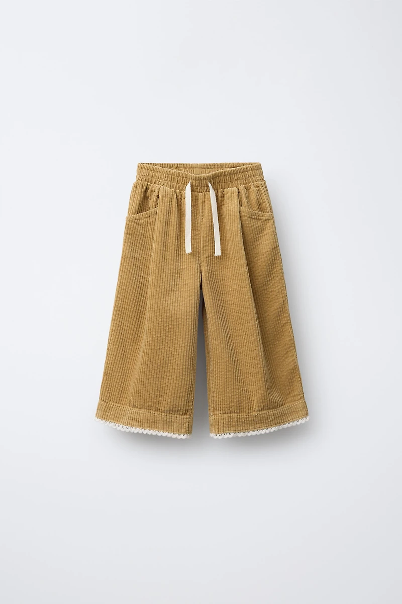 PANTALON JUPE-CULOTTE EN VELOURS CÔTELÉ ET DENTELLE