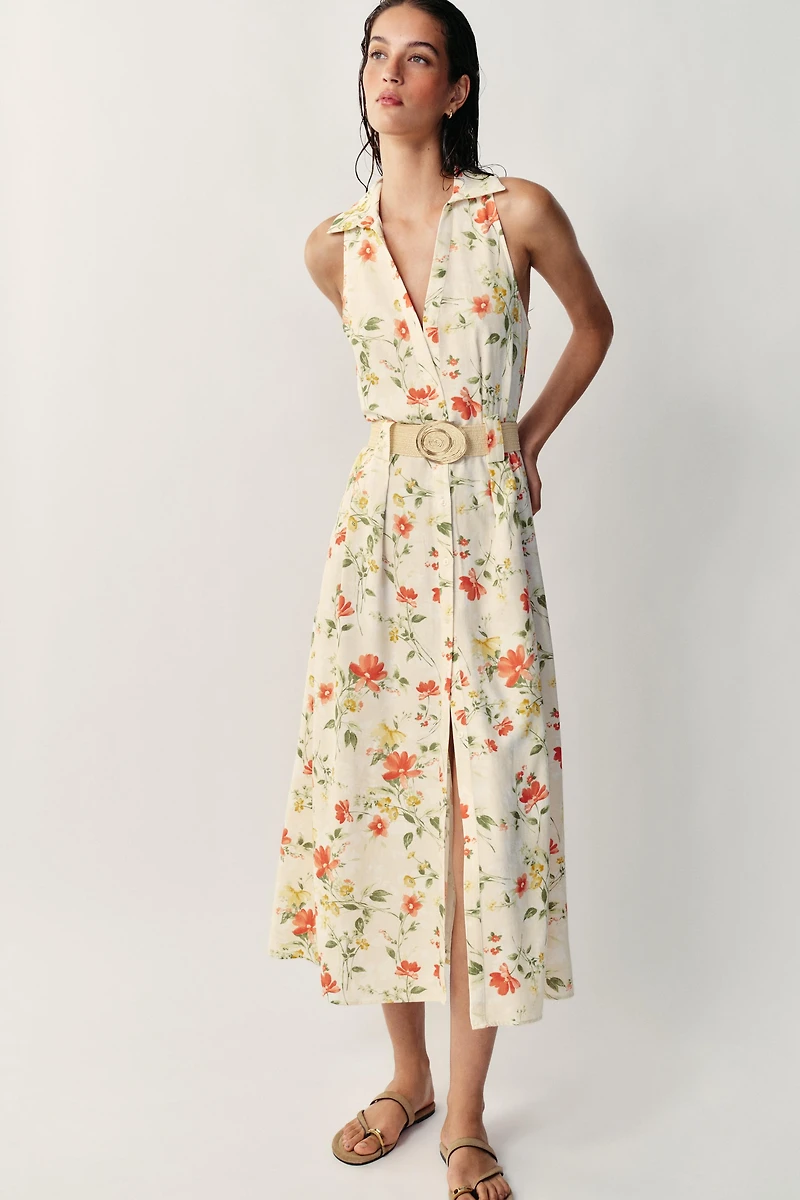 PRINTED BELTED MIDI DRESS