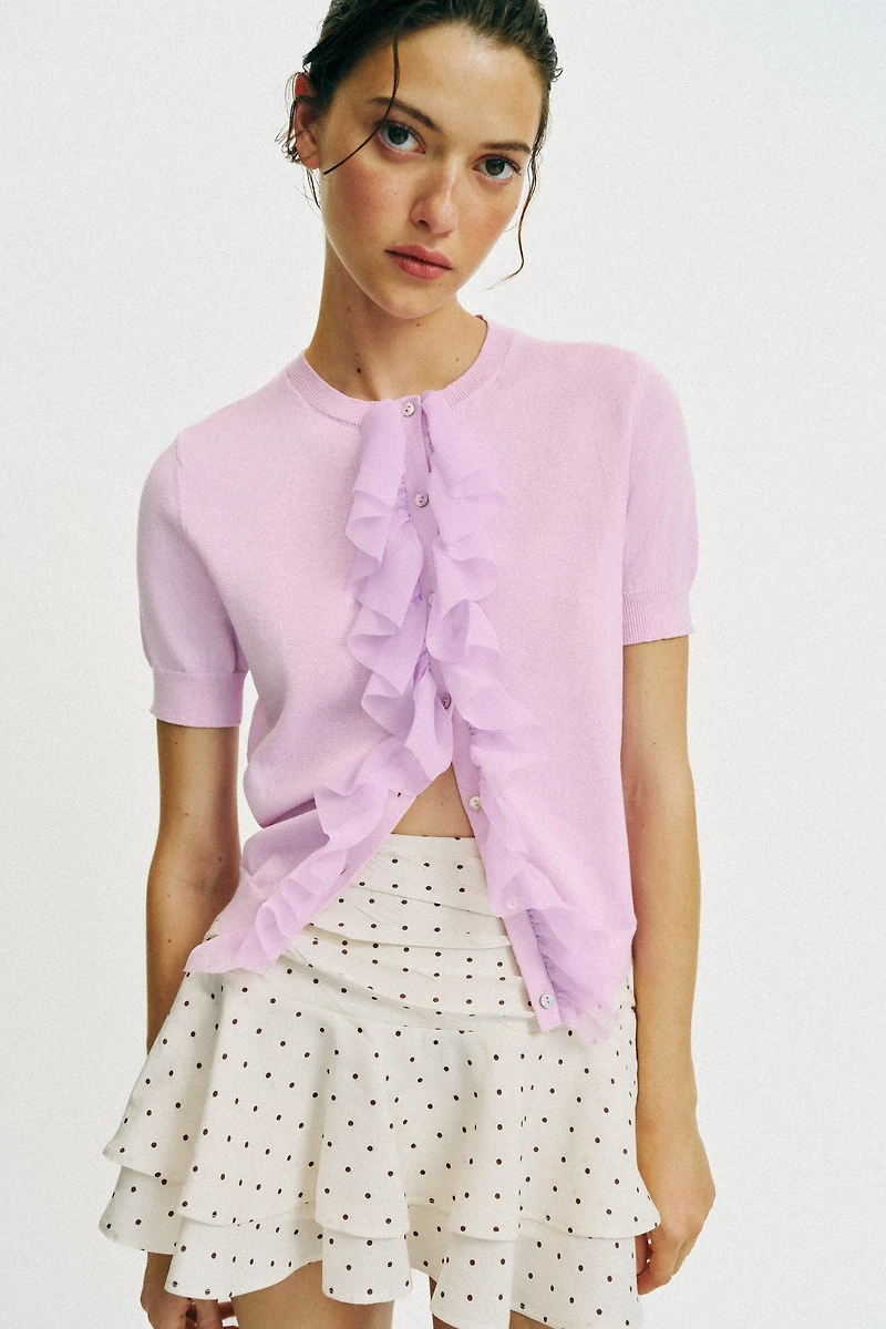 RUFFLED SHORT SLEEVE CARDIGAN