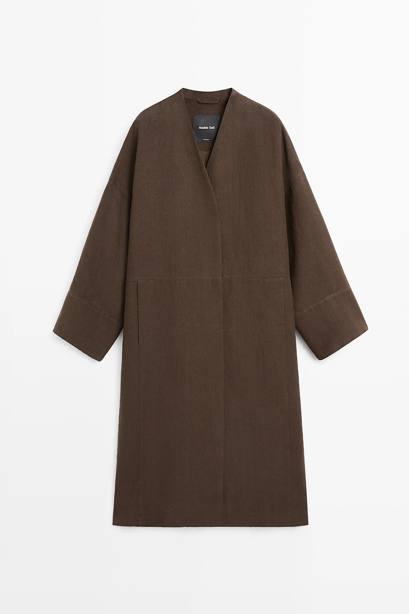 100% linen double-breasted coat with no collar