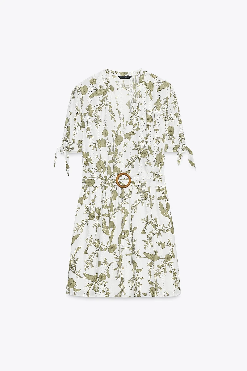 PRINTED MINI DRESS WITH OPENWORK EMBROIDERY