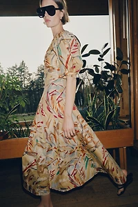 ROBE MI-LONGUE IMPRIMÉE À MANCHES BOUFFANTES