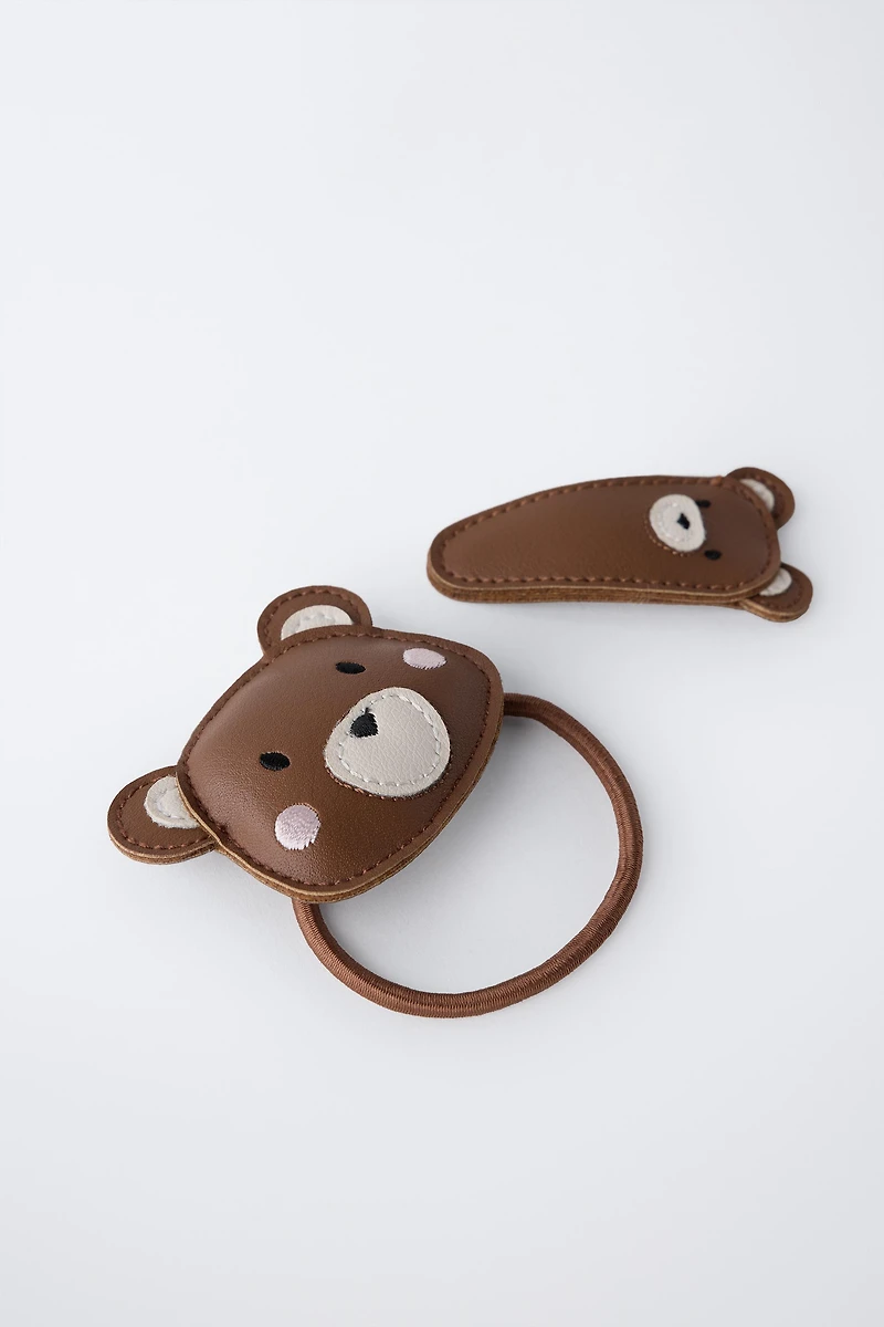 PACK OF SCRUNCHIE AND FAUX LEATHER BEAR CLIP