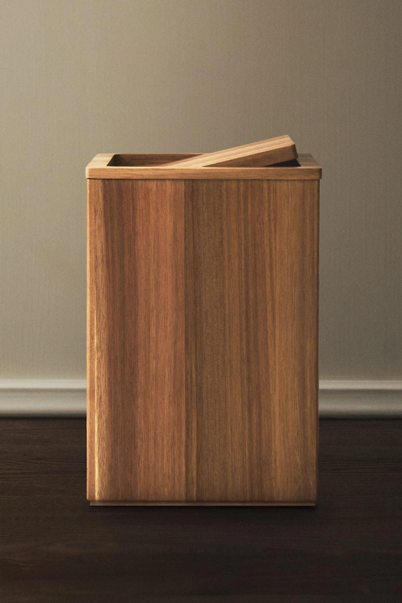 LARGE WOODEN SQUARE BATHROOM TRASH CAN