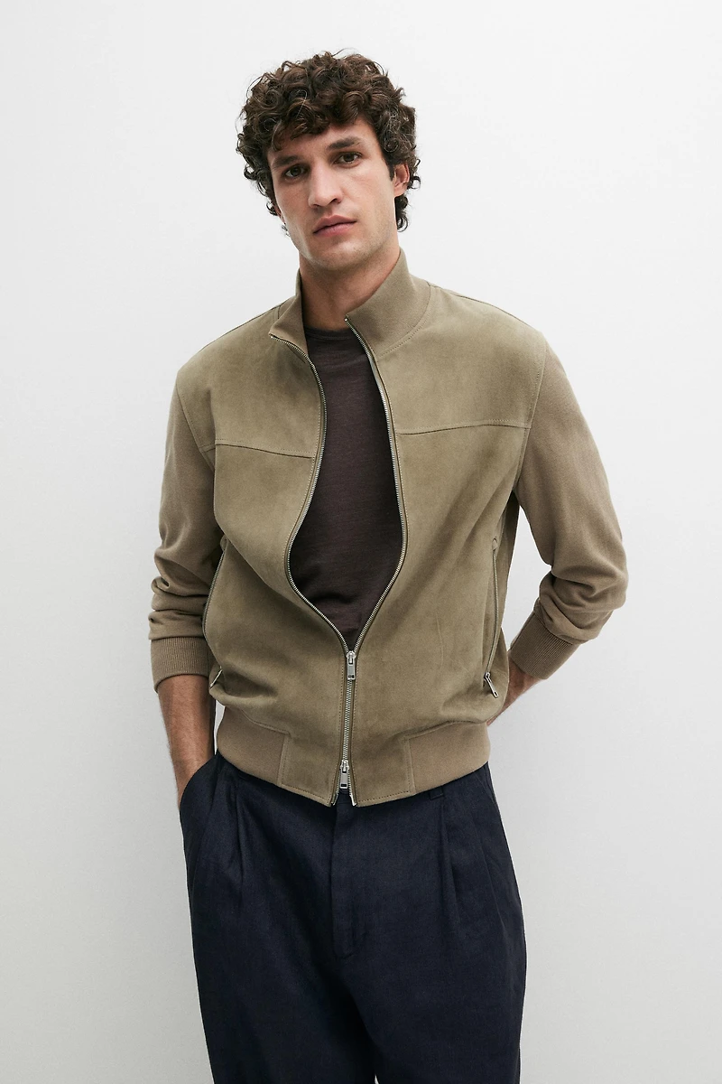Contrast knit and suede leather jacket
