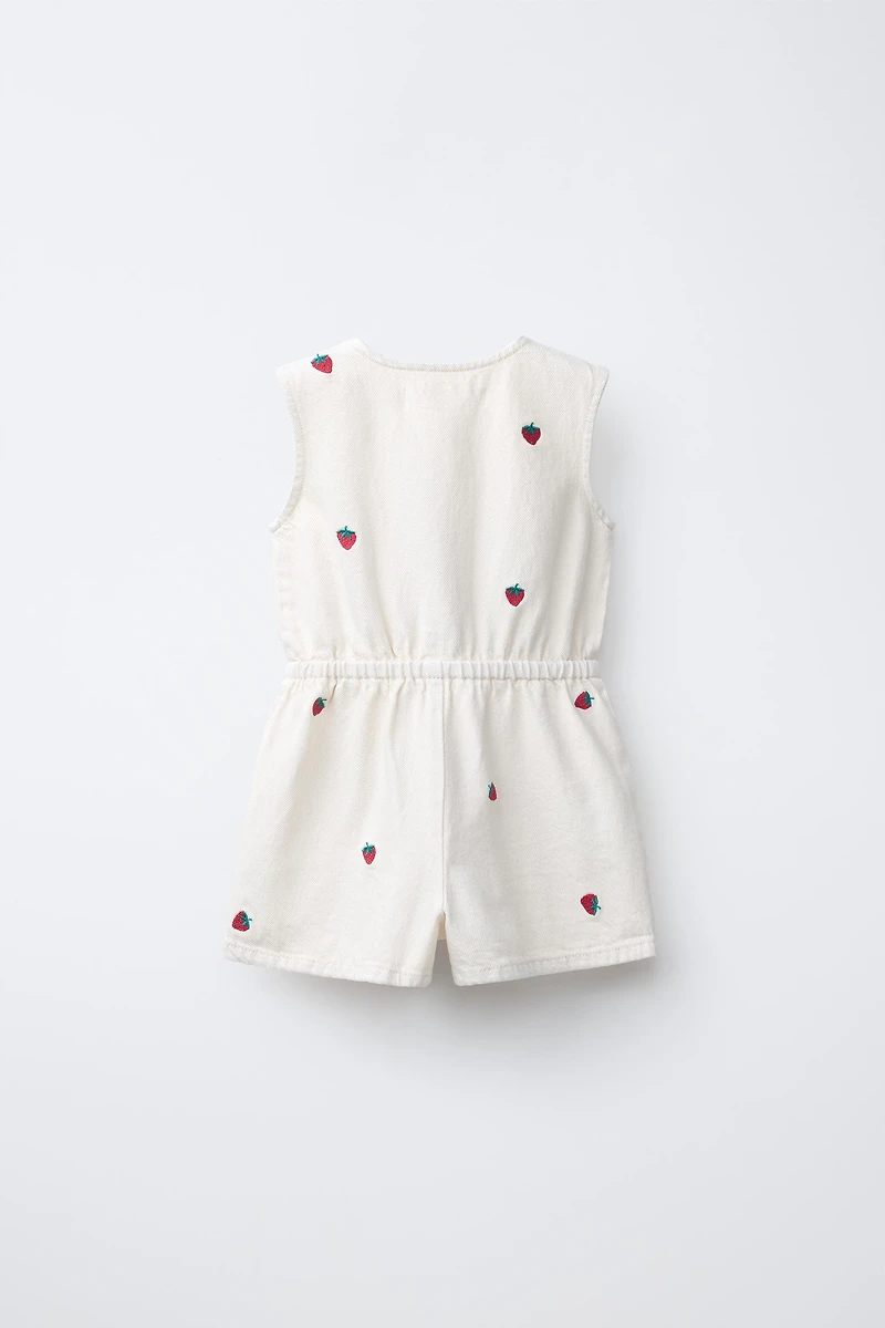 EMBROIDERED STRAWBERRY TWILL JUMPSUIT