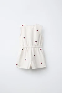 EMBROIDERED STRAWBERRY TWILL JUMPSUIT