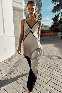 ASYMMETRIC SATIN EFFECT MIDI DRESS