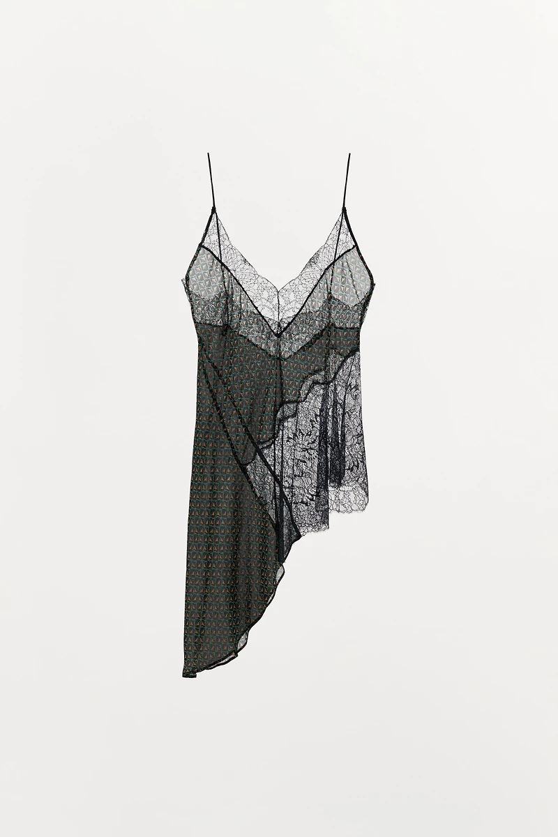 PRINTED 100% VISCOSE ASYMMETRIC LACE TOP