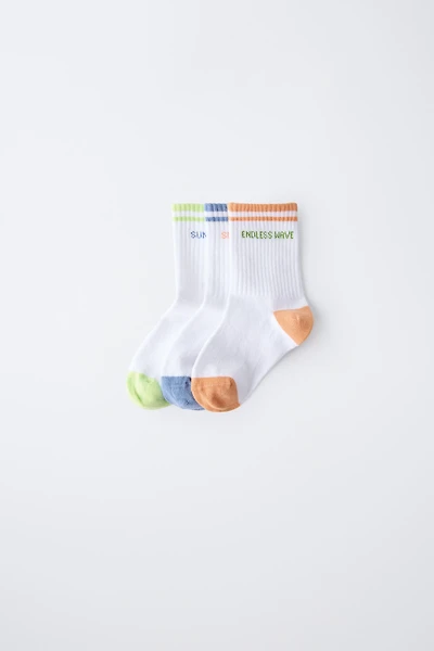 THREE-PACK OF STRIPED AND TEXT SOCKS