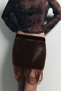 BEADED FRINGE MINI SKIRT