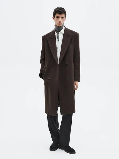 Long double-breasted wool blend coat