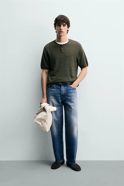 COTTON LINEN BLEND HENLEY T-SHIRT